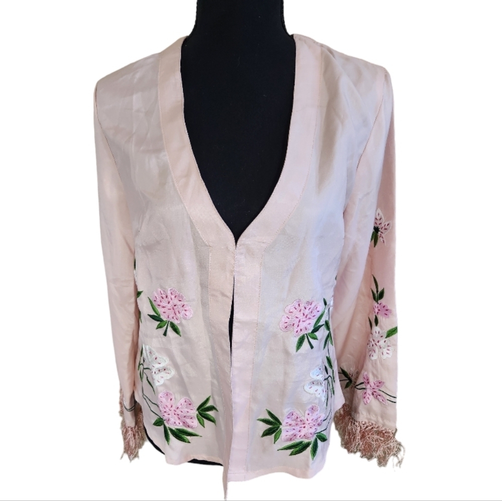 SOFT SURROUNDINGS fringe embroidered floral satin cardigan pink sz small NWOT